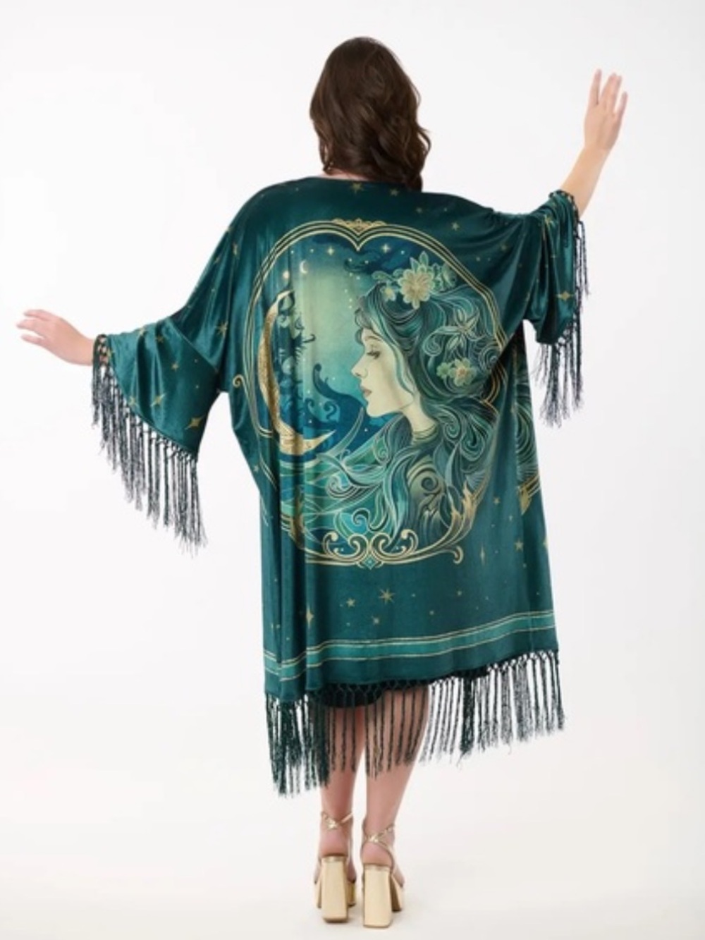 NWOT Unique Vintage Art Nouveau Celestial Moon Stars Green Fringe Kimono